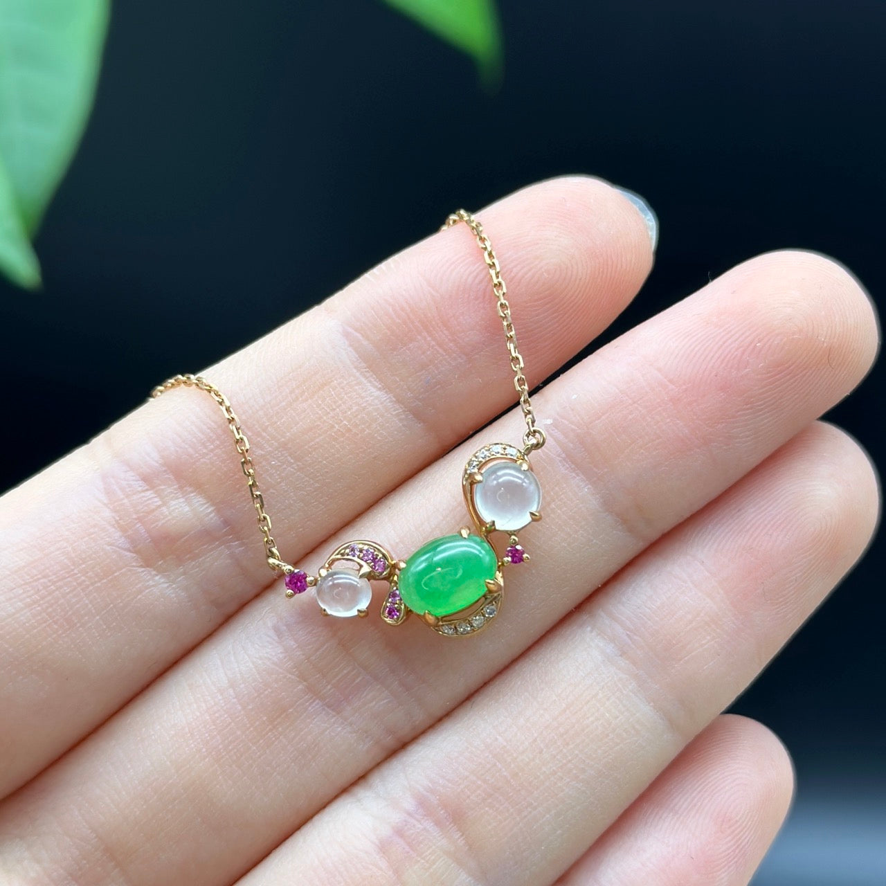 RealJade 18k Rose Gold Jadeite Jade Diamond Bubble Pendant Necklace