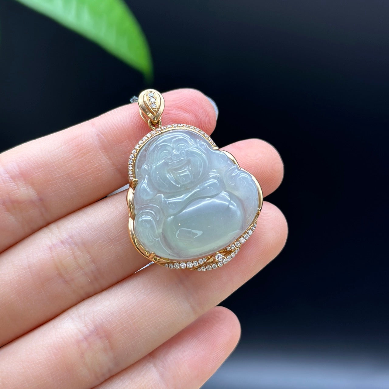 RealJade¨ "Laughing Buddha" 18k Rose Gold Genuine Ice Jadeite Jade Pendant
