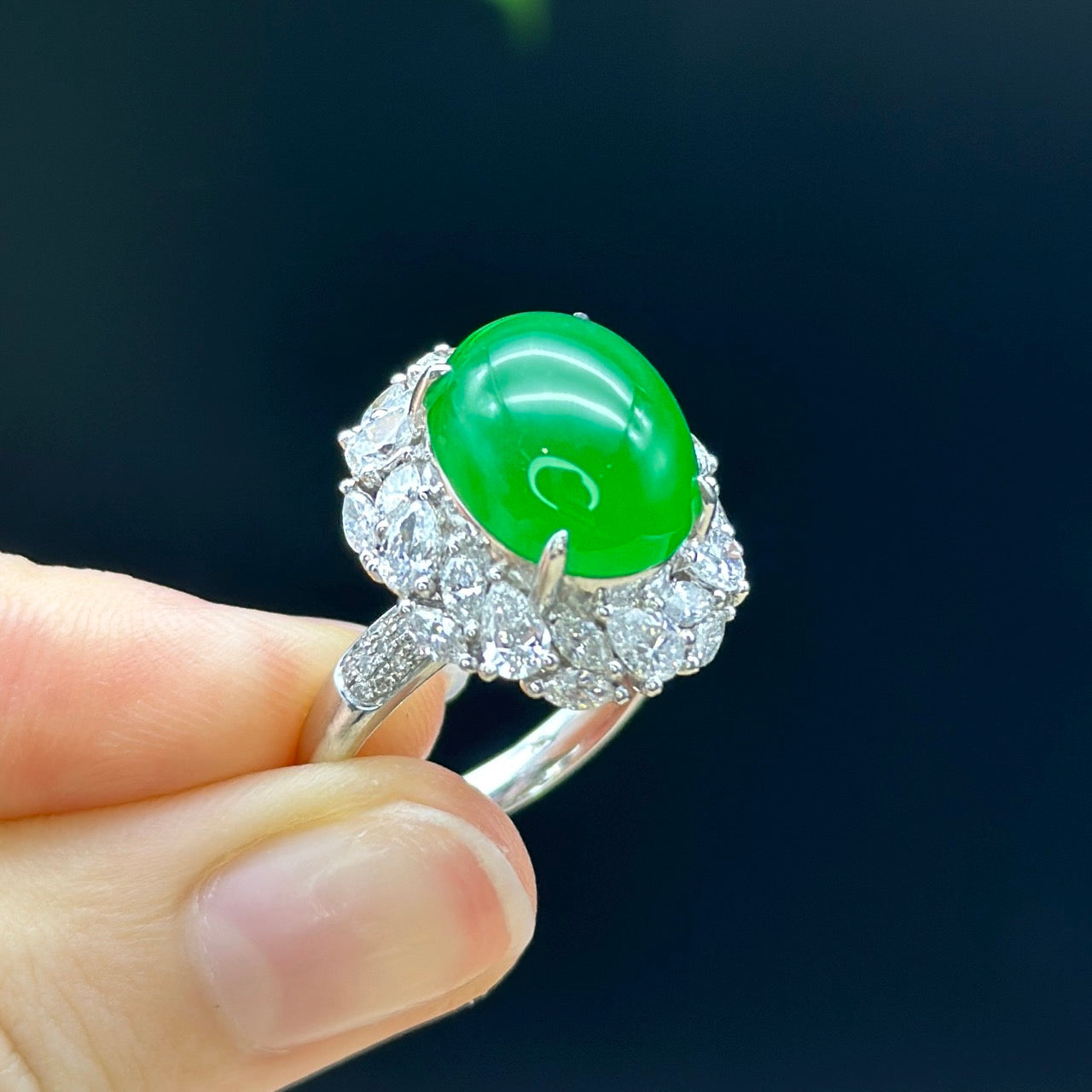 Load image into Gallery viewer, RealJade® &amp;quot;Amelie&amp;quot; 18k White Gold Natural Ice Green Jadeite Engagement Ring With Diamonds
