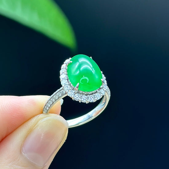 RealJade® "Amelie" 18k White Gold Natural Ice Green Jadeite Engagement Ring With Diamonds