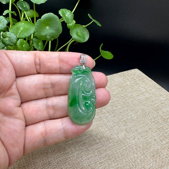 Load image into Gallery viewer, RealJade Co.¨ Genuine Burmese Green Jadeite Jade RuYi Pendant with 18k White Gold Diamond Bail
