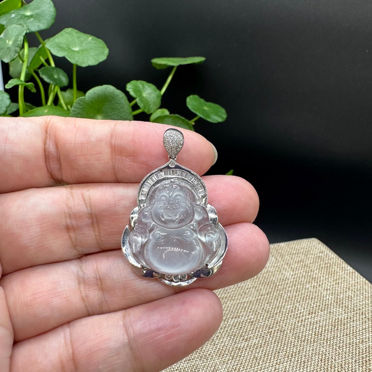 Load image into Gallery viewer, High end RealJade¨ &amp;quot;Laughing Buddha&amp;quot; 18k White Gold Genuine Ice Jadeite Jade Pendant
