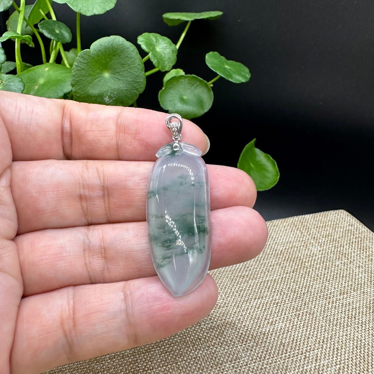Load image into Gallery viewer, High End Natural Ice Green Jadeite Jade Shou Tao ( longevity Peach ) Necklace With 18k White Gold Bail
