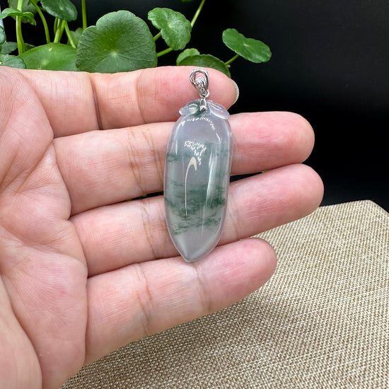 Load image into Gallery viewer, High End Natural Ice Green Jadeite Jade Shou Tao ( longevity Peach ) Necklace With 18k White Gold Bail
