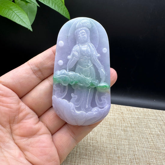 "Goddess of Compassion" Genuine Burmese Jadeite Jade Guanyin Necklace With Good Luck Design