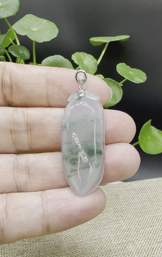 Load and play video in Gallery viewer, High End Natural Ice Green Jadeite Jade Shou Tao ( longevity Peach ) Necklace With 18k White Gold Bail

