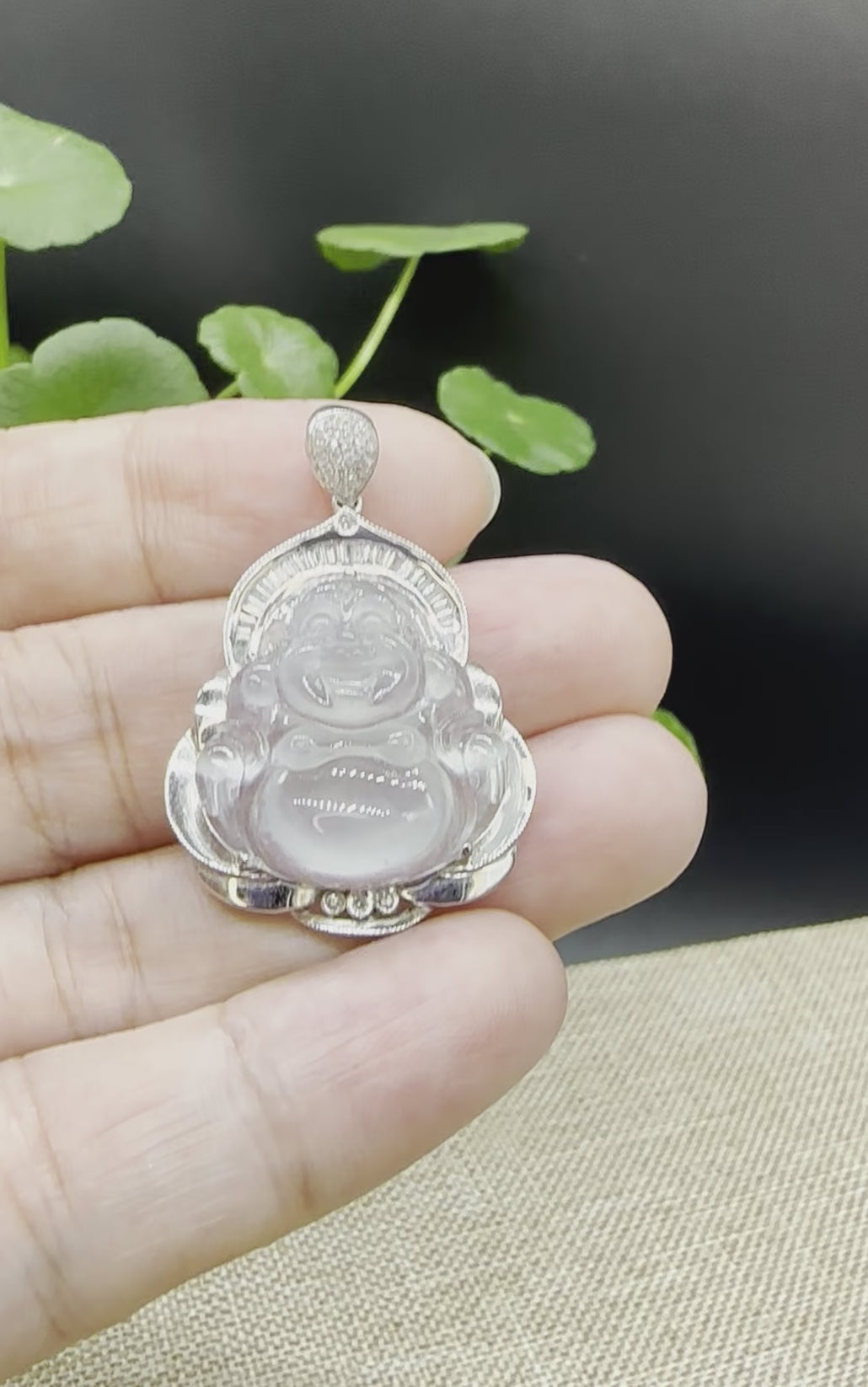 Load and play video in Gallery viewer, High end RealJade¨ &amp;quot;Laughing Buddha&amp;quot; 18k White Gold Genuine Ice Jadeite Jade Pendant
