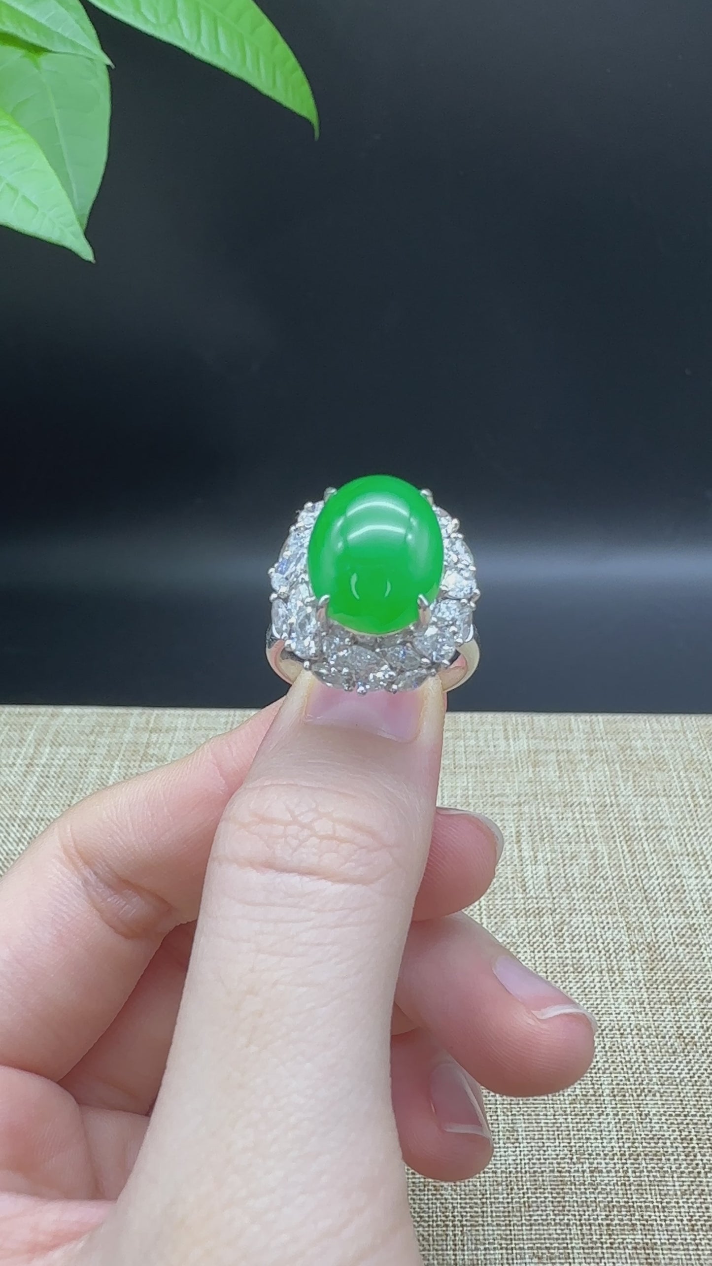 Load and play video in Gallery viewer, RealJade® &amp;quot;Amelie&amp;quot; 18k White Gold Natural Ice Green Jadeite Engagement Ring With Diamonds
