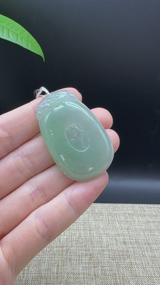 Load and play video in Gallery viewer, Natural Light Green Jadeite Jade Fu Bei Pendant Necklace
