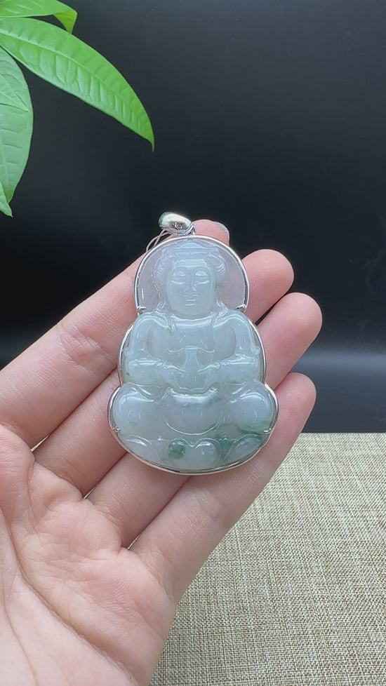 Load and play video in Gallery viewer, &amp;quot;Goddess of Compassion&amp;quot; 18k White Gold Genuine Burmese Jadeite Jade Guanyin Necklace With Good Luck Design
