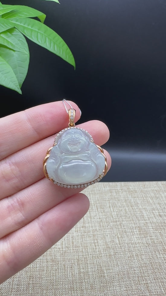 Load and play video in Gallery viewer, RealJade¨ &amp;quot;Laughing Buddha&amp;quot; 18k Rose Gold Genuine Ice Jadeite Jade Pendant
