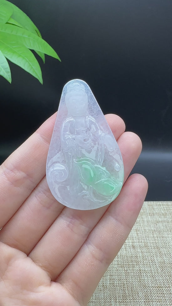 Load and play video in Gallery viewer, &amp;quot;Goddess of Compassion&amp;quot; Genuine Ice Green Burmese Jadeite Jade Guanyin Necklace
