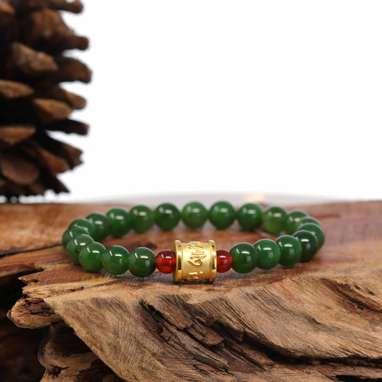24K Pure Yellow Gold Buddha Symbol Tongtong With Genuine Green Jade Round Beads Bracelet Bangle ( 8 mm )
