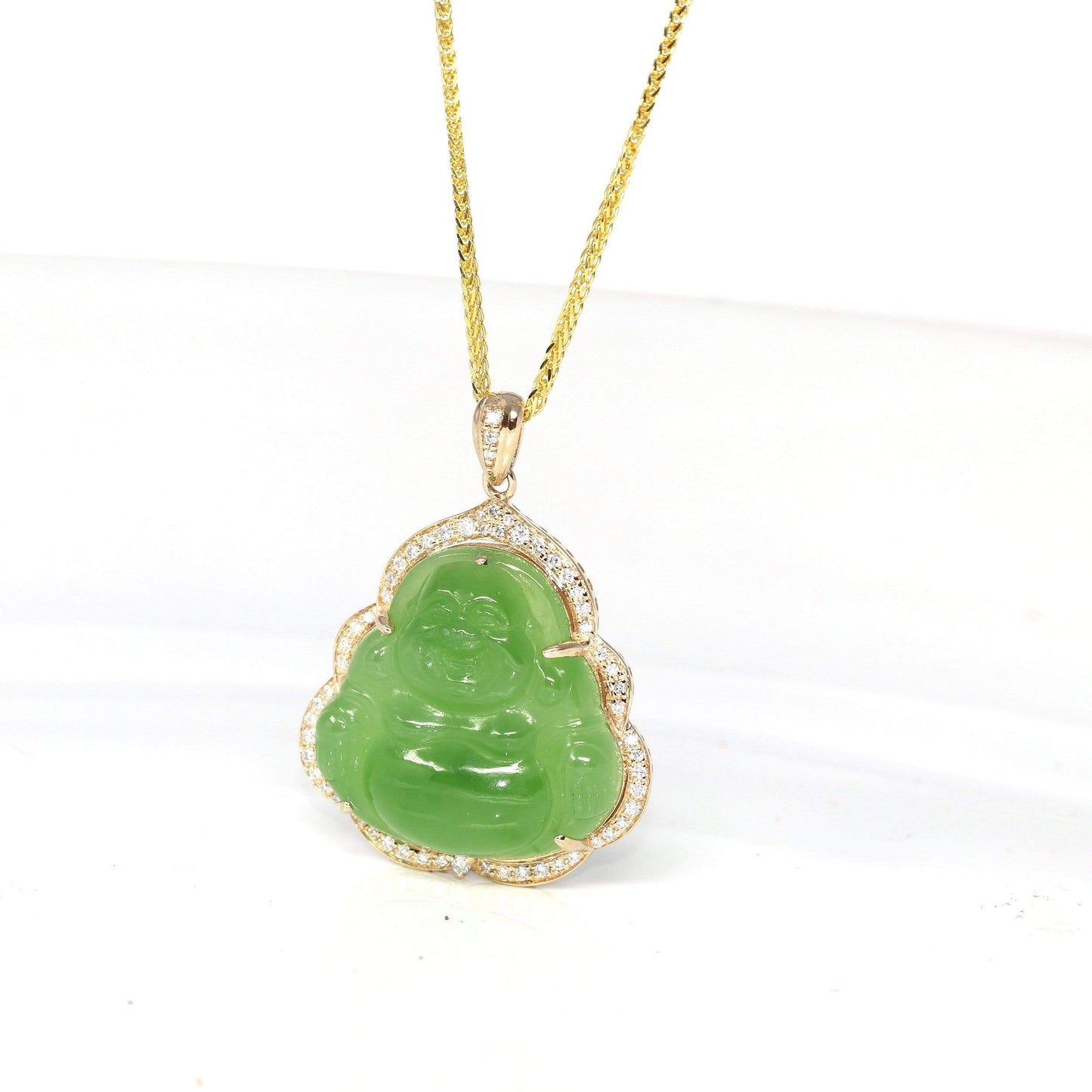 RealJade™ "Laughing Buddha" 14k Gold Genuine Nephrite Apple Green Jade with Diamonds Buddha Pendant Necklace High-end Collectable
