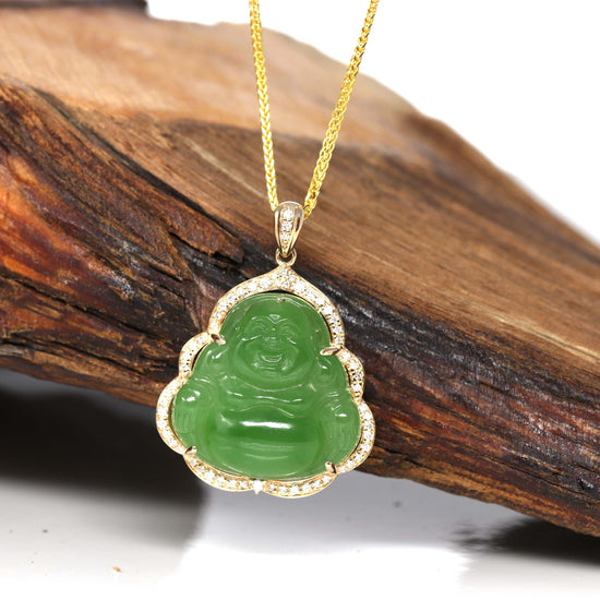 RealJade™ "Laughing Buddha" 14k Gold Genuine Nephrite Apple Green Jade with Diamonds Buddha Pendant Necklace High-end Collectable
