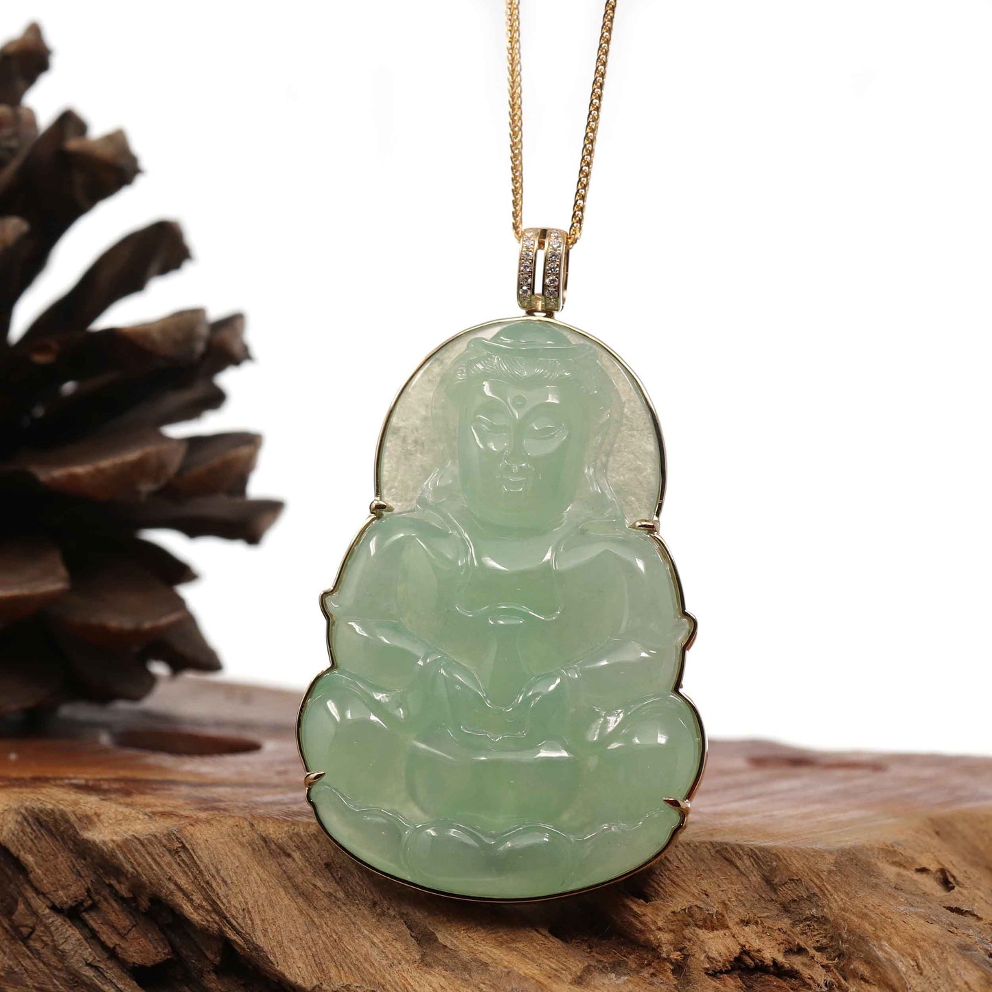 RealJade Co.¨ Jade Guanyin Pendant Necklace  "Goddess of Compassion" 14k Yellow Gold Genuine Burmese Jadeite Jade Guanyin Necklace With Good Luck Design