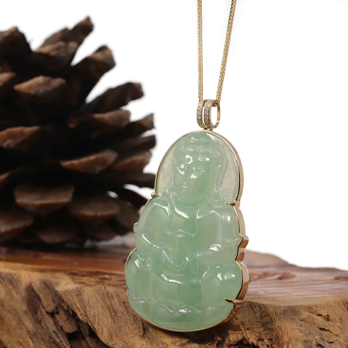 RealJade Co.¨ Jade Guanyin Pendant Necklace  "Goddess of Compassion" 14k Yellow Gold Genuine Burmese Jadeite Jade Guanyin Necklace With Good Luck Design