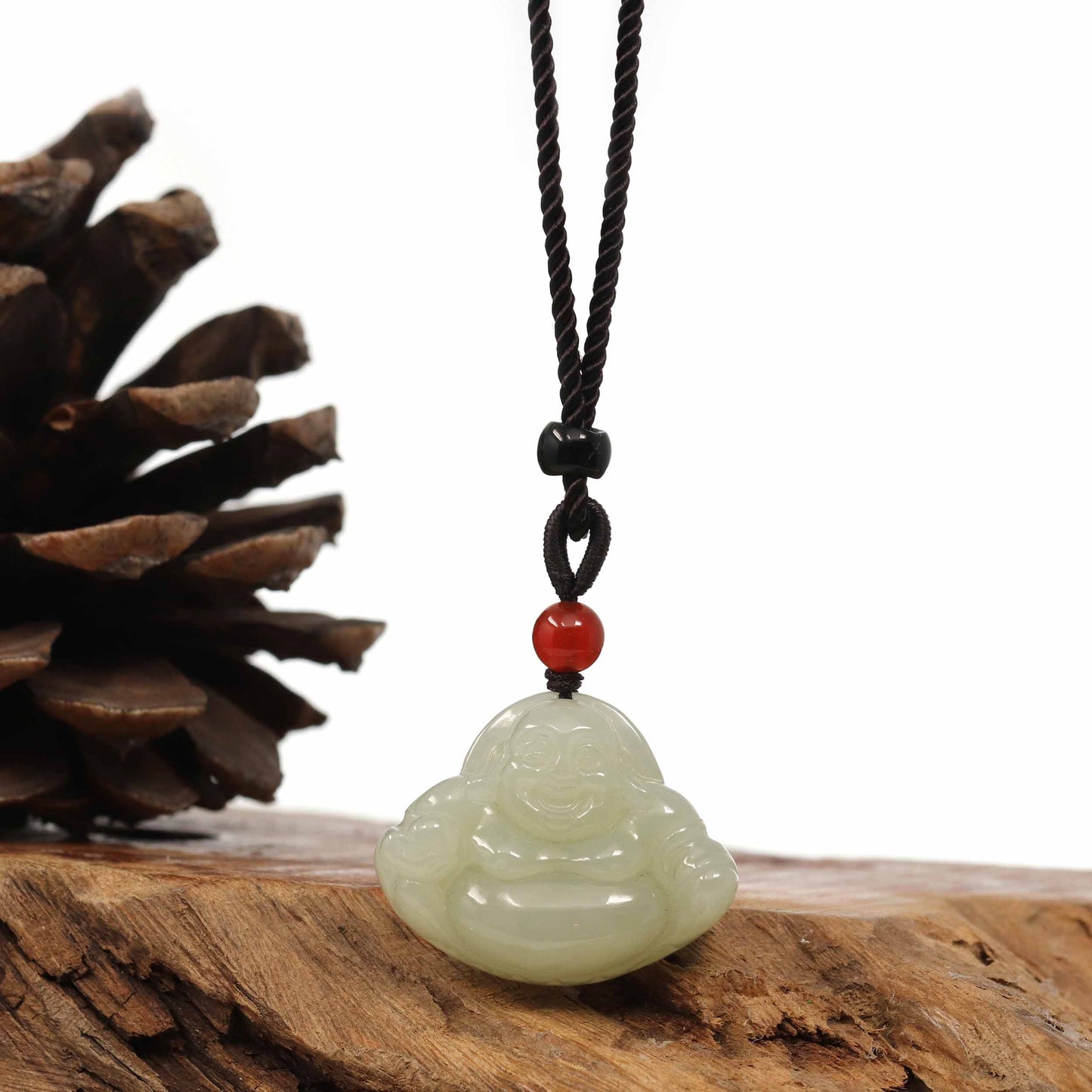 RealJade Co.¨ Jade Pendant Necklace "Laughing Buddha" Genuine White Jade Pendant Necklace
