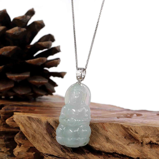 Load image into Gallery viewer, RealJade® Co. Jade Guanyin Pendant Necklace  Baikalla &amp;quot;Goddess of Compassion&amp;quot; Genuine Burmese Ice Blue Jadeite Jade Guanyin Necklace With Good Luck Design 14K Gold  Bail
