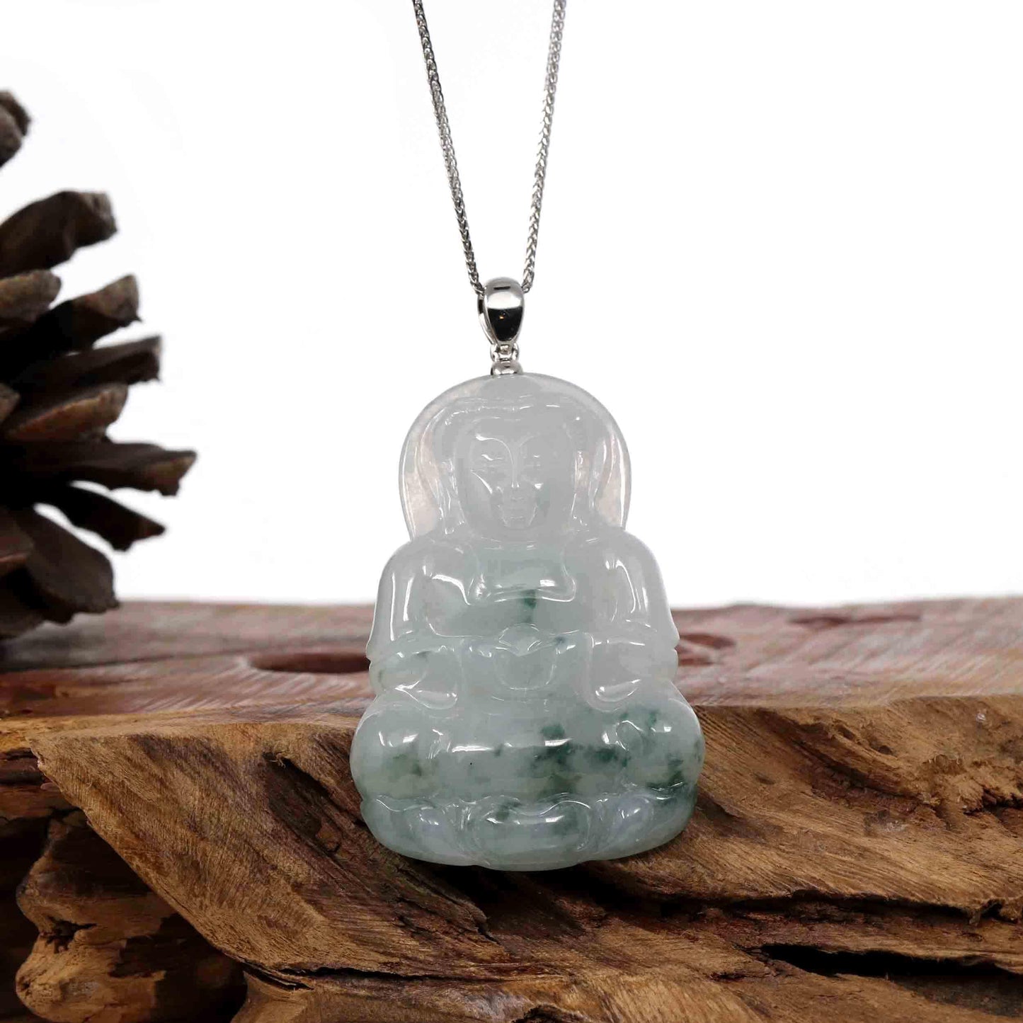 Load image into Gallery viewer, RealJade® Co. Jade Guanyin Pendant Necklace   Baikalla &amp;quot;Goddess of Compassion&amp;quot; Genuine Burmese Ice Blue Jadeite Jade Guanyin Necklace With Good Luck Design 14K Gold  Bail
