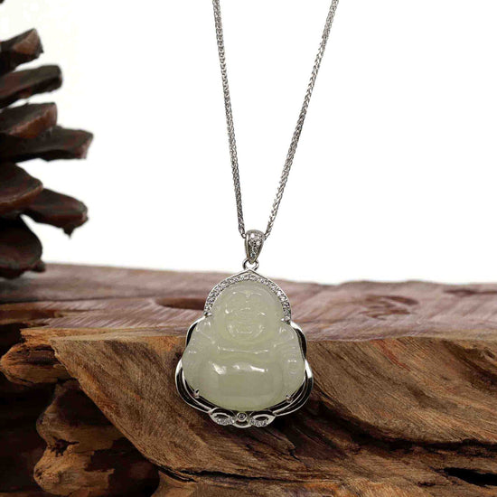 Load image into Gallery viewer, RealJade® Co. Jade Pendant Baikalla &amp;quot;Laughing Buddha&amp;quot; Genuine Nephrite White Jade (high quality) Buddha Pendant Necklace
