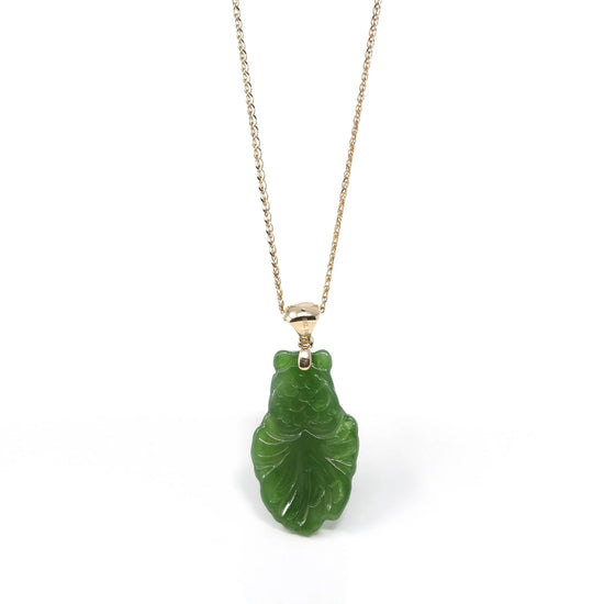 RealJade Co.® Gold Jade Necklace Baikalla‚Ñ¢ : " Gold Fish " 18k Yellow Gold Genuine Nephrite Green Jade Pendant Necklace
