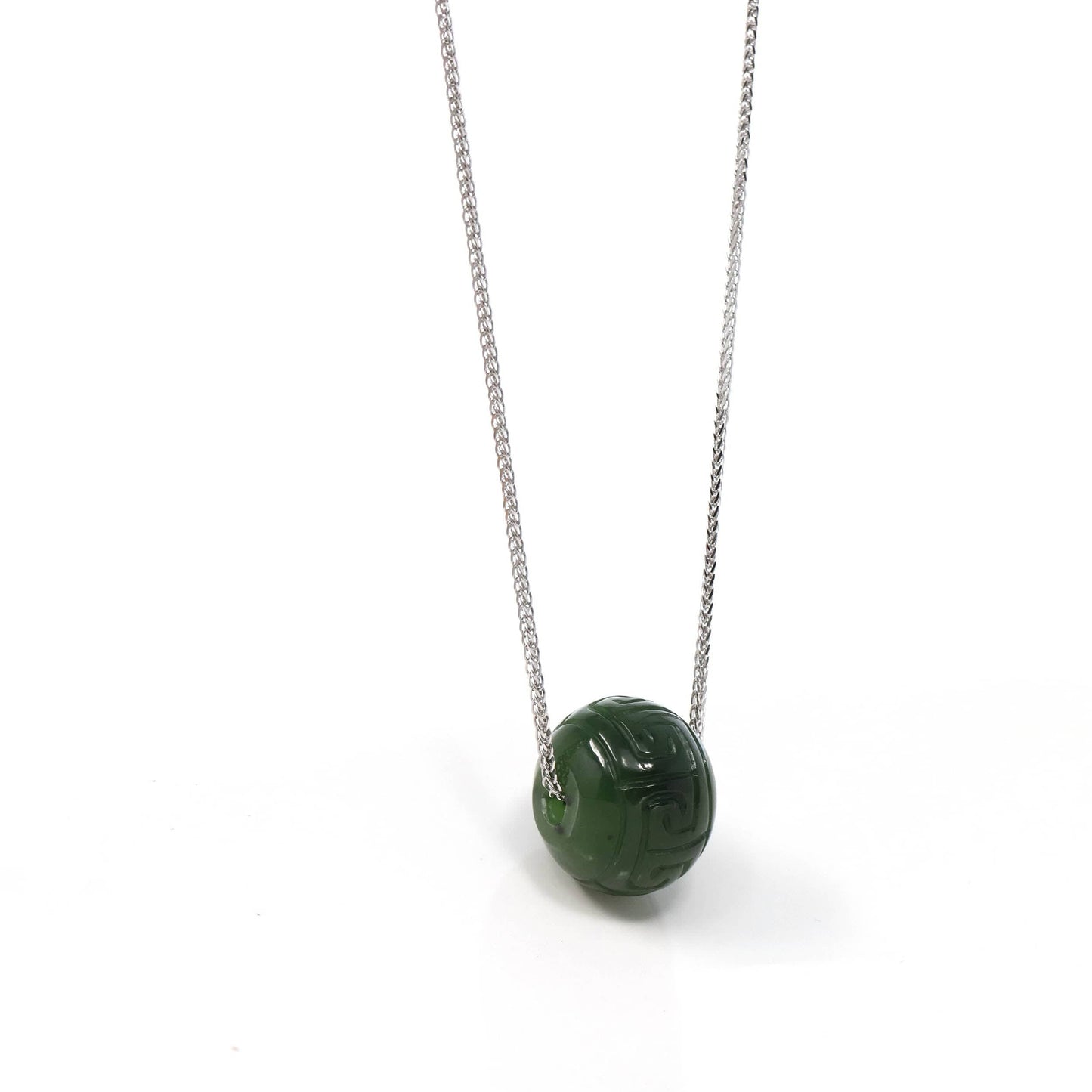 RealJade Co.® Jade Pendant Necklace Nephrite Green Jade Bead Pendant Necklace With Lucky Pattern