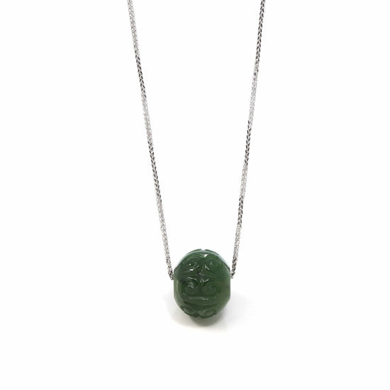 RealJade Co.® Jade Pendant Necklace Nephrite Green Jade Bead Pendant Necklace With Lucky Pattern