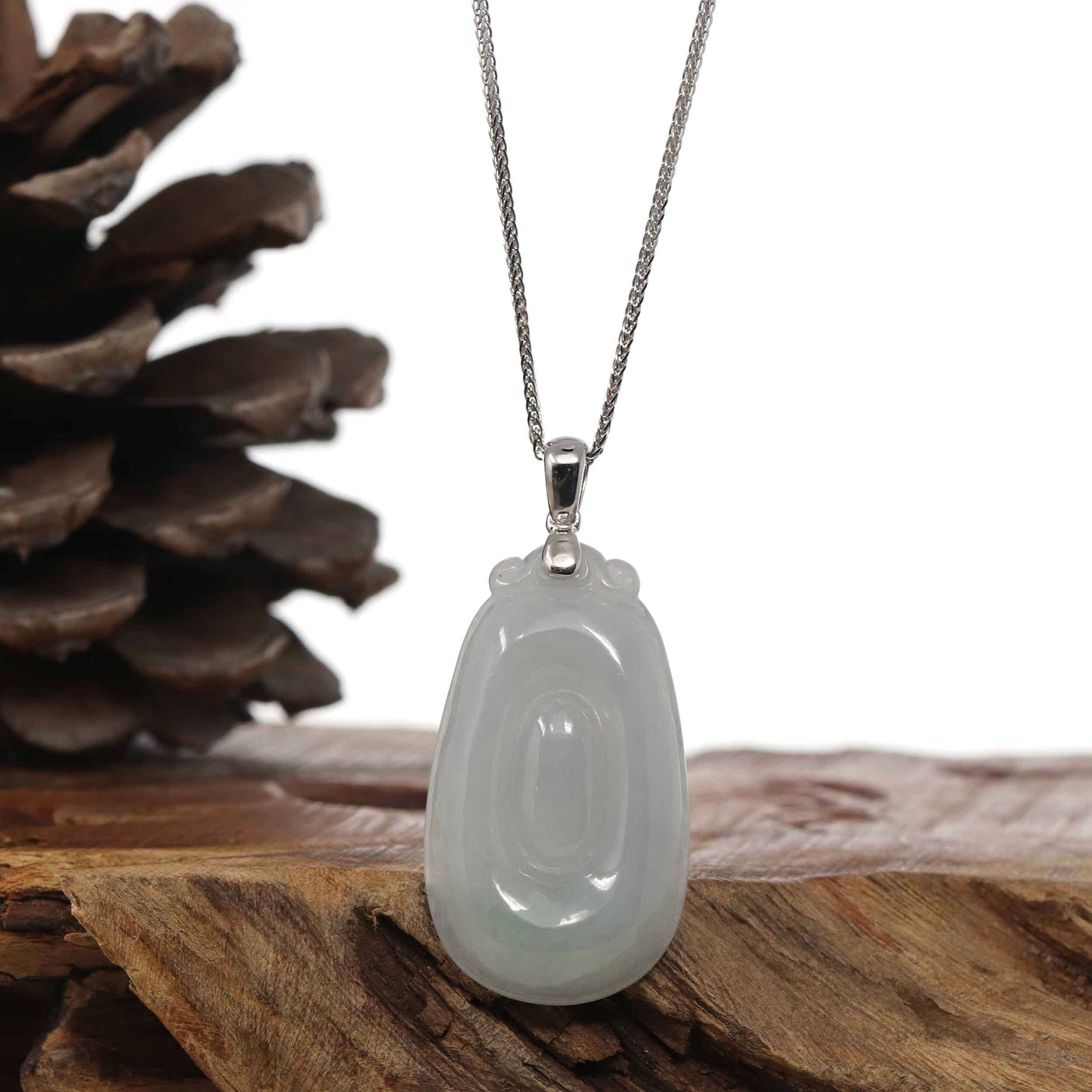 RealJade Co.® Jade Guanyin Pendant Necklace Copy of Natural Light Green Jadeite Jade Fu Bei Pendant Necklace With Sterling Silver Bail