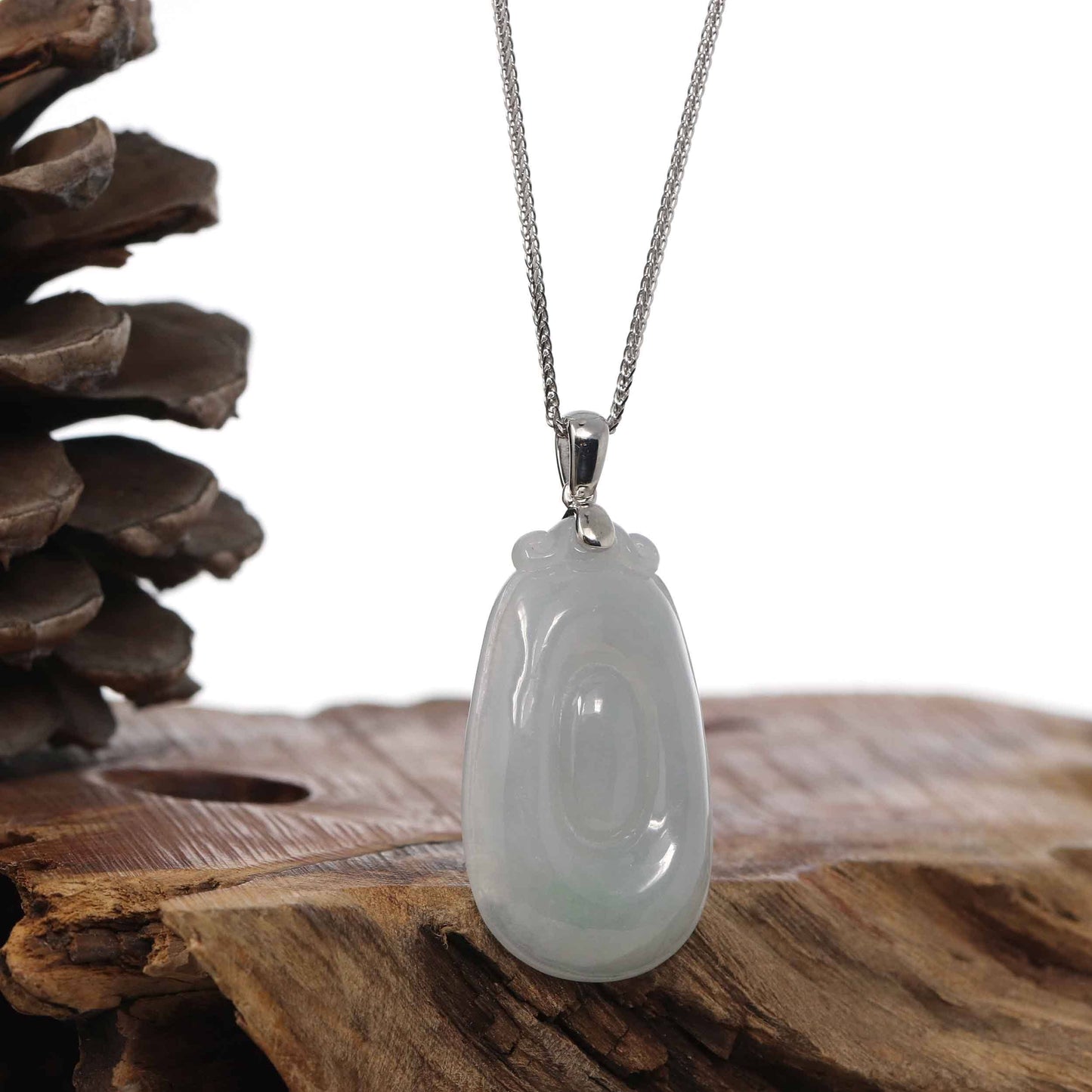 RealJade Co.® Jade Guanyin Pendant Necklace Copy of Natural Light Green Jadeite Jade Fu Bei Pendant Necklace With Sterling Silver Bail