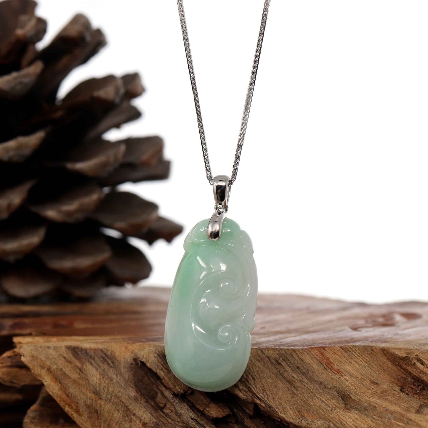 RealJade Co.® Jade Guanyin Pendant Necklace Natural Light Green Jadeite Jade Ru Yi Pendant Necklace With Sterling Silver Bail