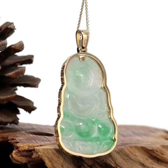 RealJade Co.® Jade Guanyin Pendant Necklace Copy of "Goddess of Compassion" 14k Yellow Gold Genuine Burmese Jadeite Jade Guanyin Necklace With Good Luck Design
