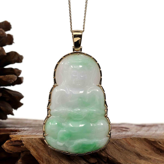 RealJade Co.® Jade Guanyin Pendant Necklace Nylon String Necklace Copy of Copy of "Goddess of Compassion" 14k Yellow Gold Genuine Burmese Jadeite Jade Guanyin Necklace With Good Luck Design
