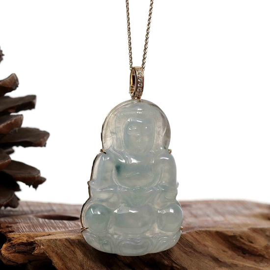 Load image into Gallery viewer, RealJade Co.® Jade Guanyin Pendant Necklace Copy of Baikalla 14k &amp;quot;Goddess of Compassion&amp;quot; Genuine Burmese Jadeite Jade Guanyin Necklace With Good Luck Design
