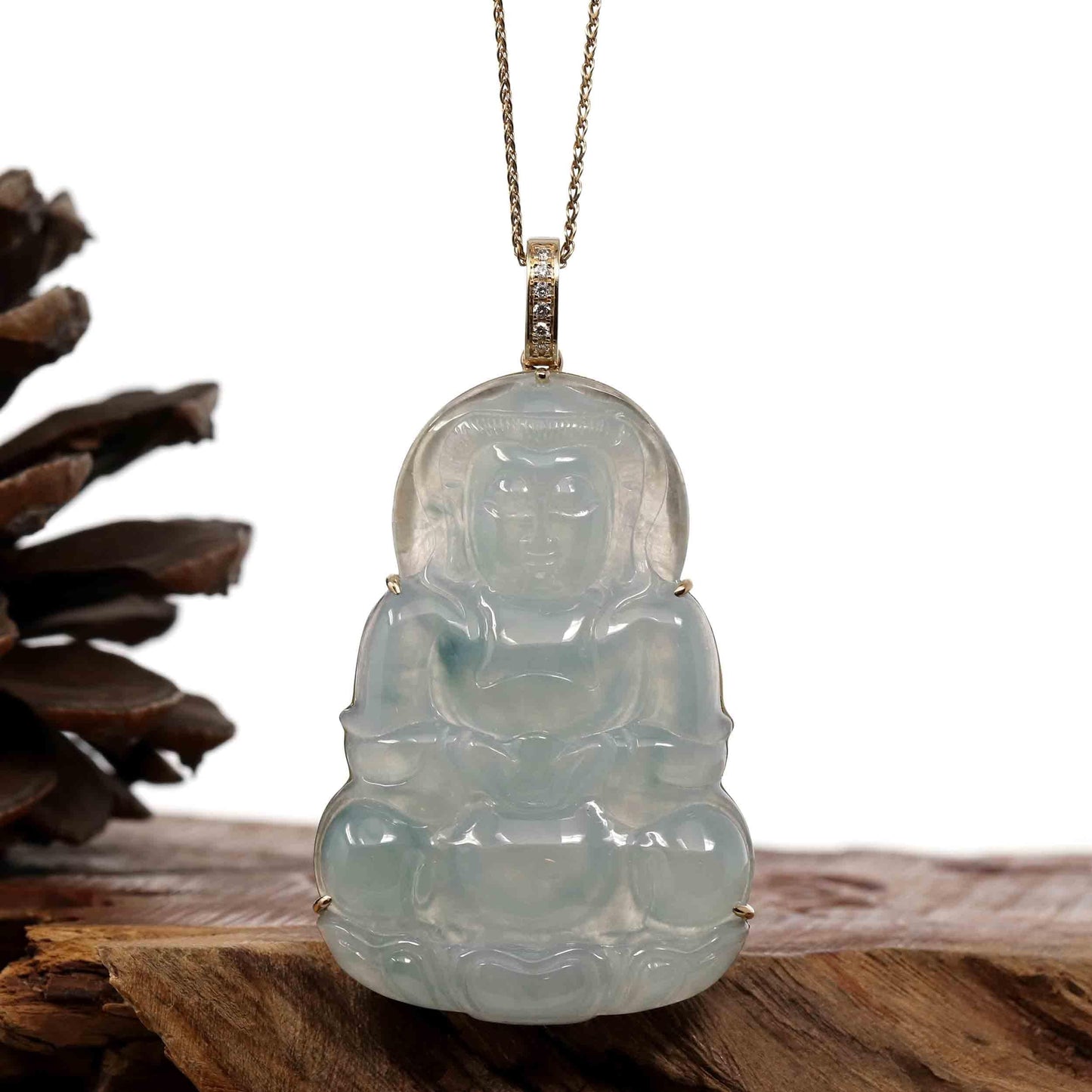 Load image into Gallery viewer, RealJade Co.® Jade Guanyin Pendant Necklace Nylon String Necklace Copy of Baikalla 14k &amp;quot;Goddess of Compassion&amp;quot; Genuine Burmese Jadeite Jade Guanyin Necklace With Good Luck Design
