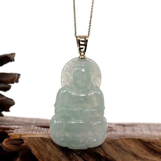 Load image into Gallery viewer, RealJade Co.® Jade Guanyin Pendant Necklace Nylon String Necklace Copy of Baikalla 14k &amp;quot;Goddess of Compassion&amp;quot; Genuine Burmese Jadeite Jade Guanyin Pendant With VS1 Diamond Bail
