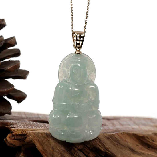Load image into Gallery viewer, RealJade Co.® Jade Guanyin Pendant Necklace Copy of Baikalla 14k &amp;quot;Goddess of Compassion&amp;quot; Genuine Burmese Jadeite Jade Guanyin Pendant With VS1 Diamond Bail
