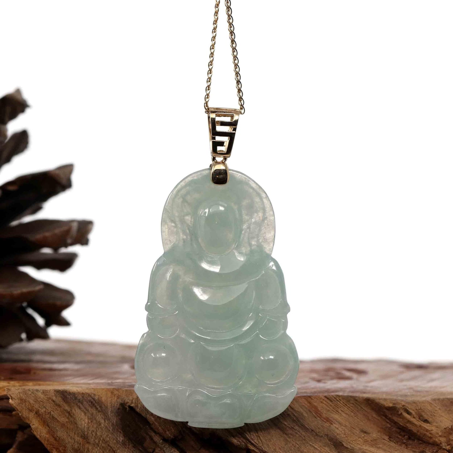 Load image into Gallery viewer, RealJade Co.® Jade Guanyin Pendant Necklace Copy of Baikalla 14k &amp;quot;Goddess of Compassion&amp;quot; Genuine Burmese Jadeite Jade Guanyin Pendant With VS1 Diamond Bail
