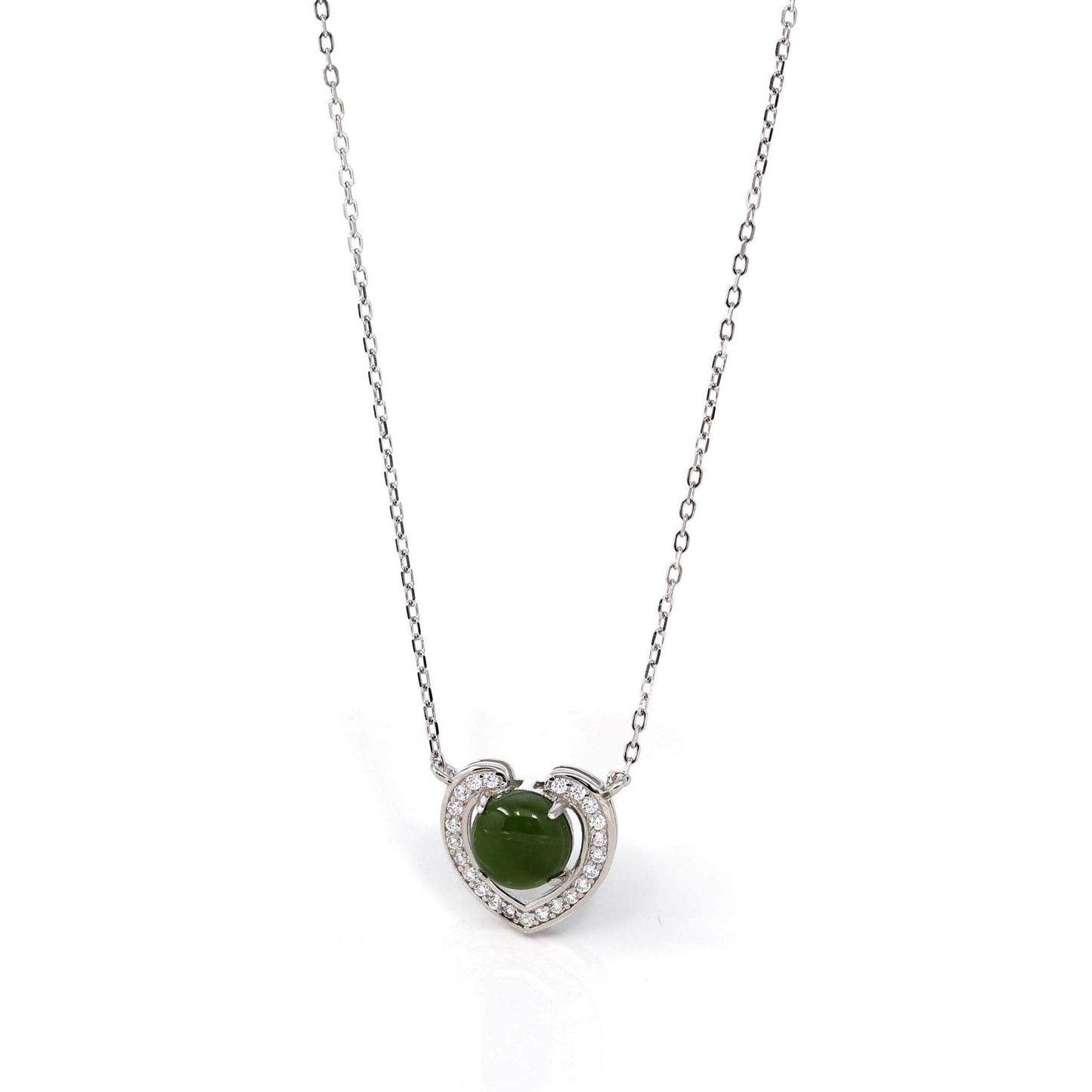 Baikalla™ Sterling Silver Real Green Nephrite Jade Love Pendant Necklace With CZ