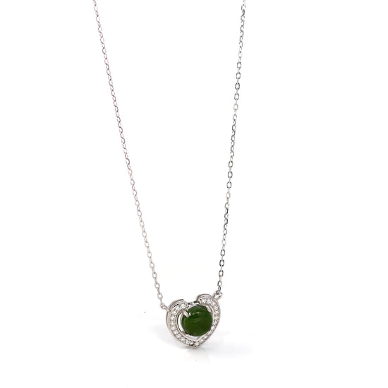 Baikalla™ Sterling Silver Real Green Nephrite Jade Love Pendant Necklace With CZ
