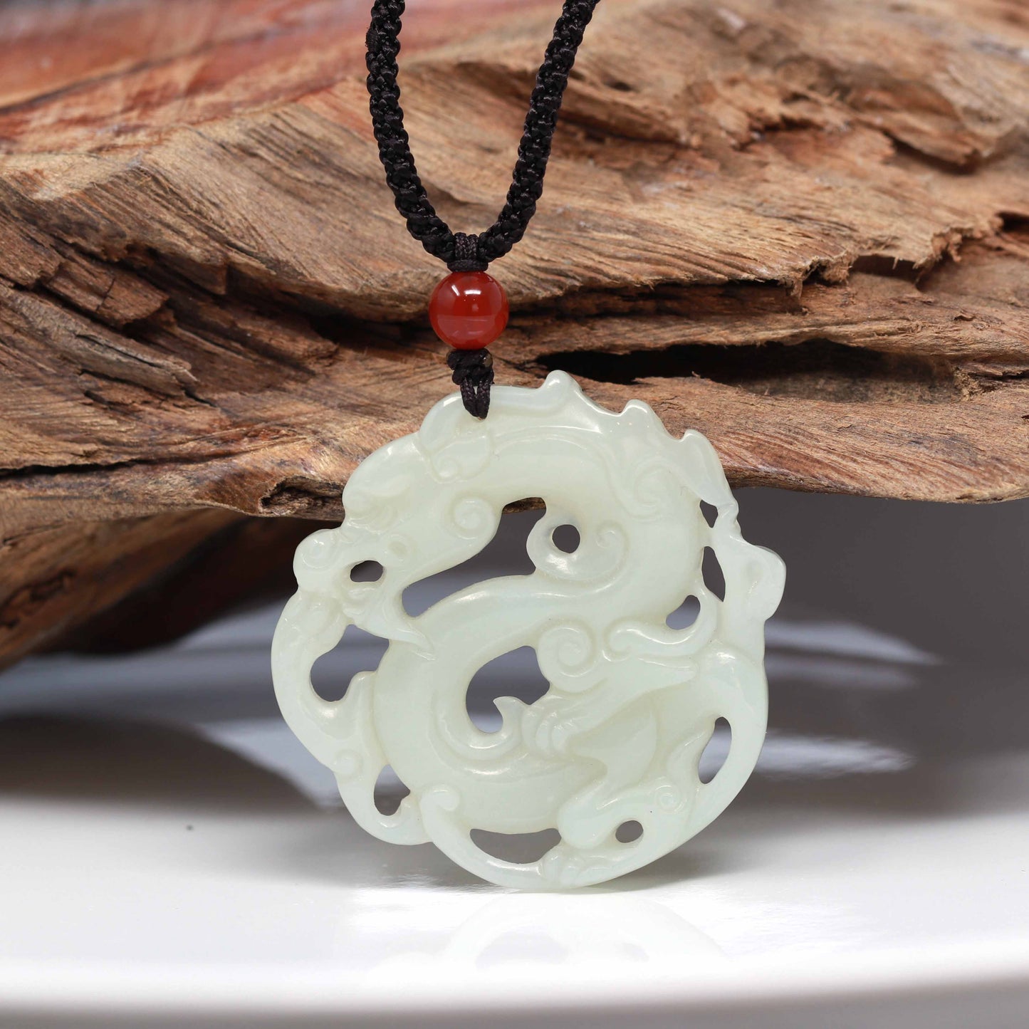 RealJade "Jade Dragon In Cloud" Genuine White Nephrite Jade Dragon Pendant Necklace