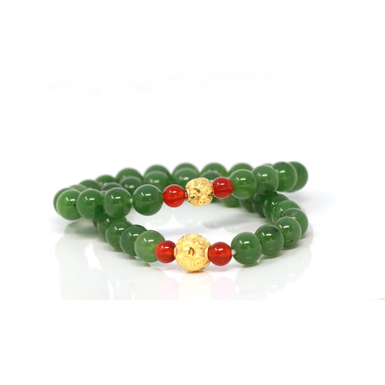 24K Pure Yellow Gold Money Beads With Genuine Green Jade Round Beads Bracelet Bangle 