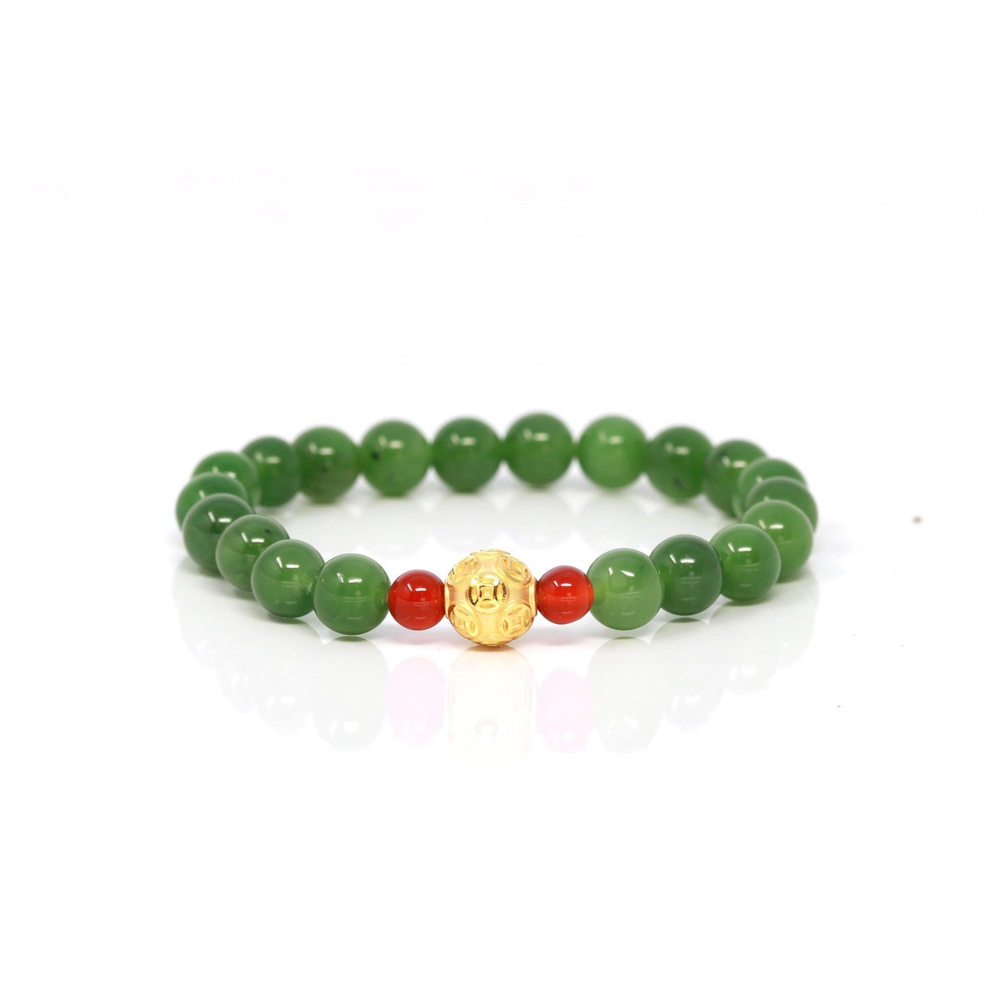 24K Pure Yellow Gold Money Bead With Genuine Green Jade Round Beads Bracelet Bangle