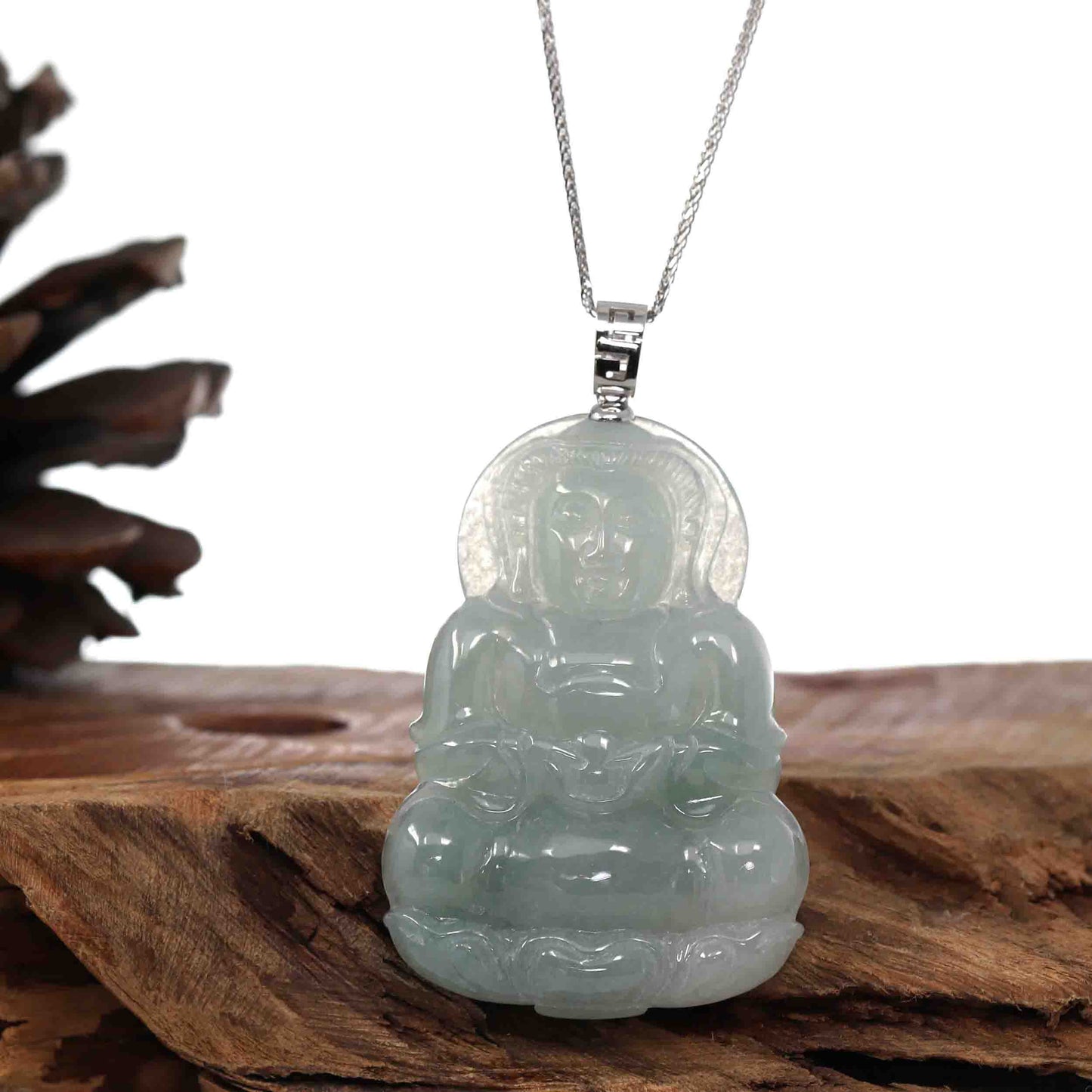 Load image into Gallery viewer, RealJade¨ Co. &amp;quot;Goddess of Compassion&amp;quot; Genuine Burmese Jadeite Jade Guanyin Necklace With Good Luck Design 14K Gold  Bail

