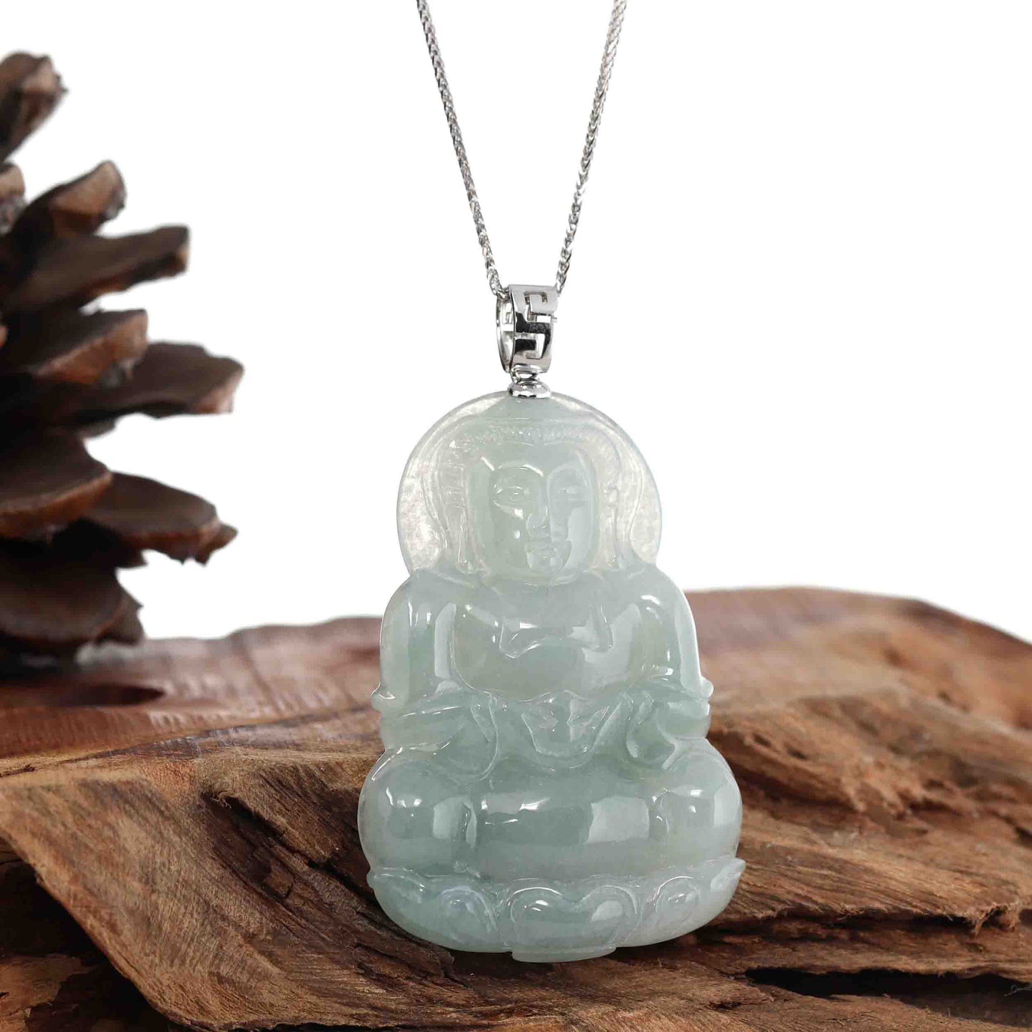 Load image into Gallery viewer, RealJade¨ Co. &amp;quot;Goddess of Compassion&amp;quot; Genuine Burmese Jadeite Jade Guanyin Necklace With Good Luck Design 14K Gold  Bail
