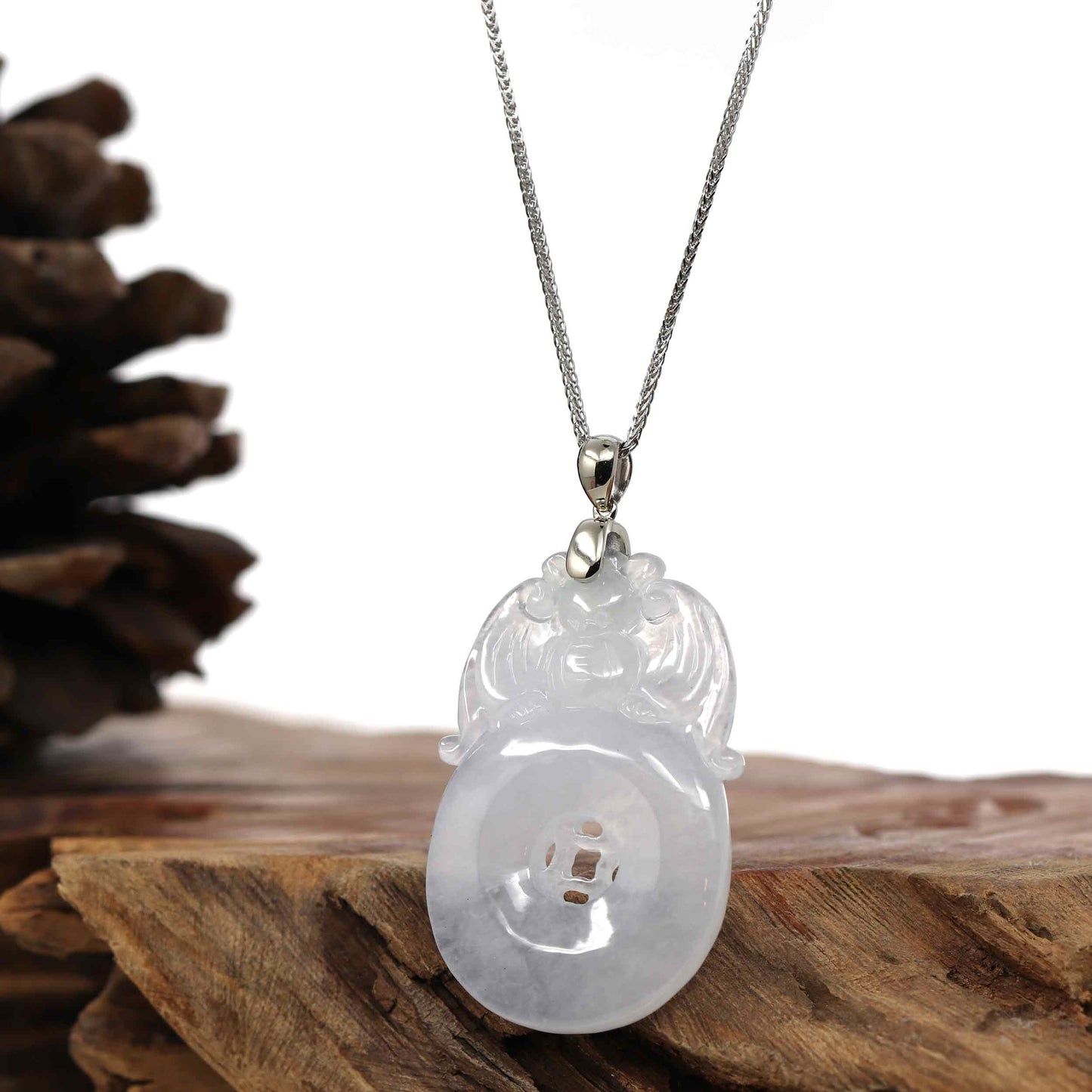 Load image into Gallery viewer, RealJade Co.¨ Jade Guanyin Pendant Necklace Genuine Ice White Jadeite Jade Fu Zai Yan Qian Pendant Necklace With 14K White Gold Bail
