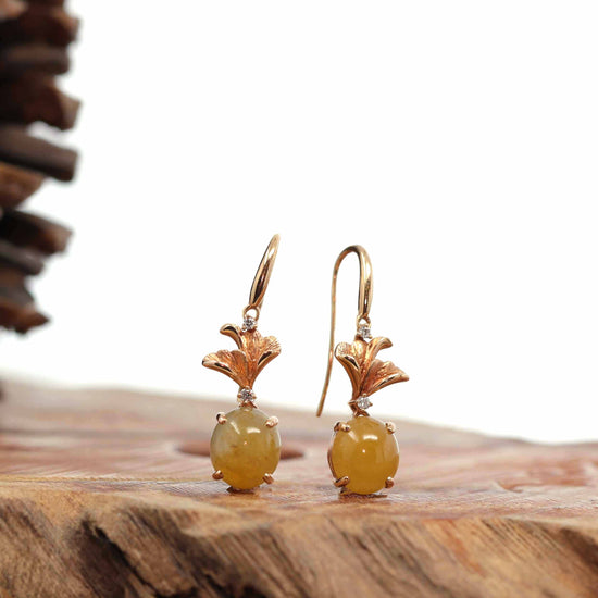 18K Rose Gold "Apricot Blossom" Yellow Jadeite Jade Dangle Earrings