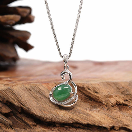 18K White Gold "Swan" Imperial Jadeite Jade Cabochon Necklace with Diamonds
