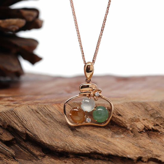 Load image into Gallery viewer, 18K Rose Gold &amp;quot;Lucky Goodie Bottle&amp;quot; Multi-Color Jadeite Jade Cabochon Necklace with Diamonds
