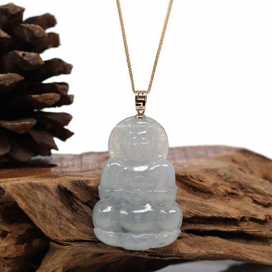 RealJade¨ 14k Yellow Gold "Goddess of Compassion" Genuine Burmese Jadeite Jade Guanyin Necklace With Good Luck Design